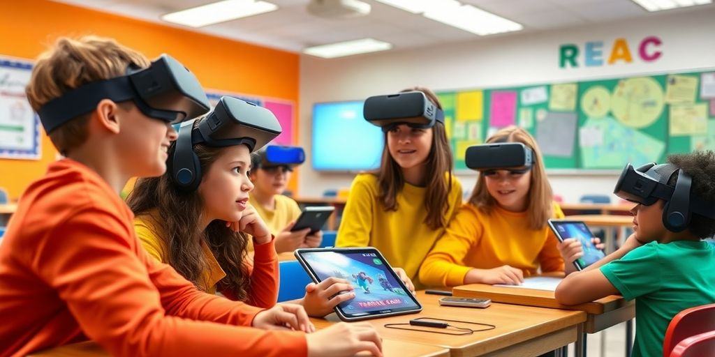 Students collaborating with game-based learning tools in a classroom.